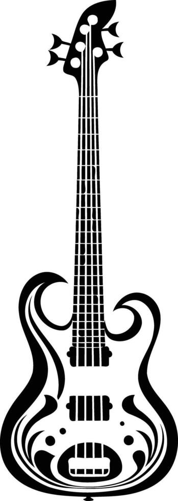 Black and white illustration of a bass guitar with a stylized, tribal design vector