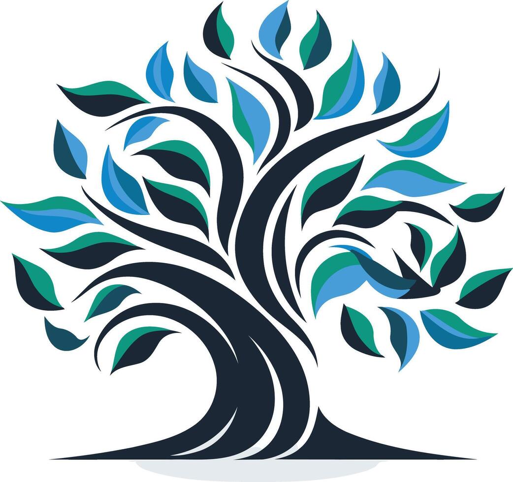 A stylized tree logo design with blue and green leaves, symbolizing growth, nature, and environmental awareness vector
