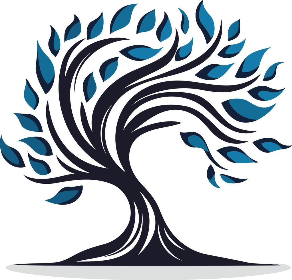 Abstract tree logo design featuring a stylized tree with flowing branches and blue leaves, representing growth, nature, and life vector
