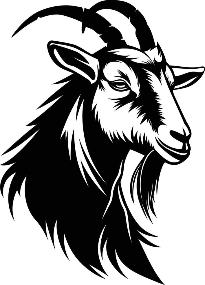 A bold, black and white illustration of a goat's head, perfect for branding, logos, and designs that need a powerful and unique animal motif vector