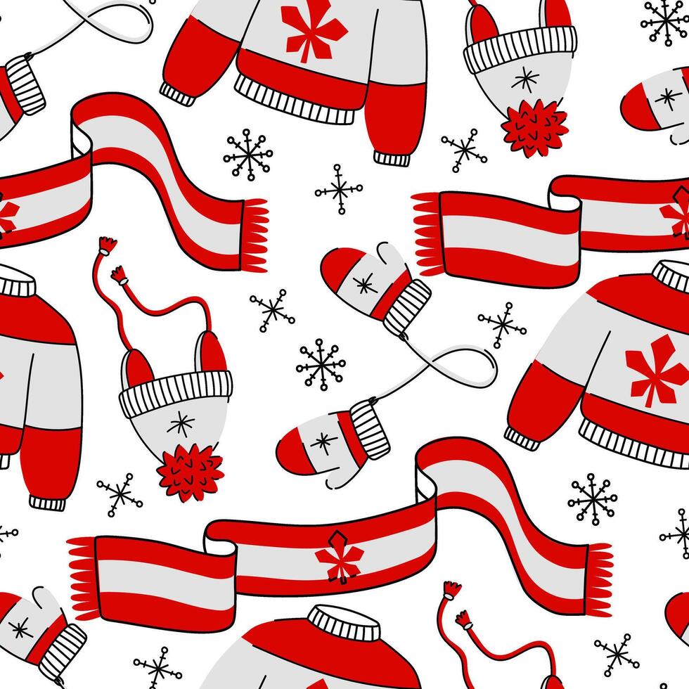 pattern with elements of winter clothing in the Canadian color scheme. Sweater, scarf, hat and mittens in snowflakes. The elements are made in red and white tones, around snowflakes. Doodle elements vector