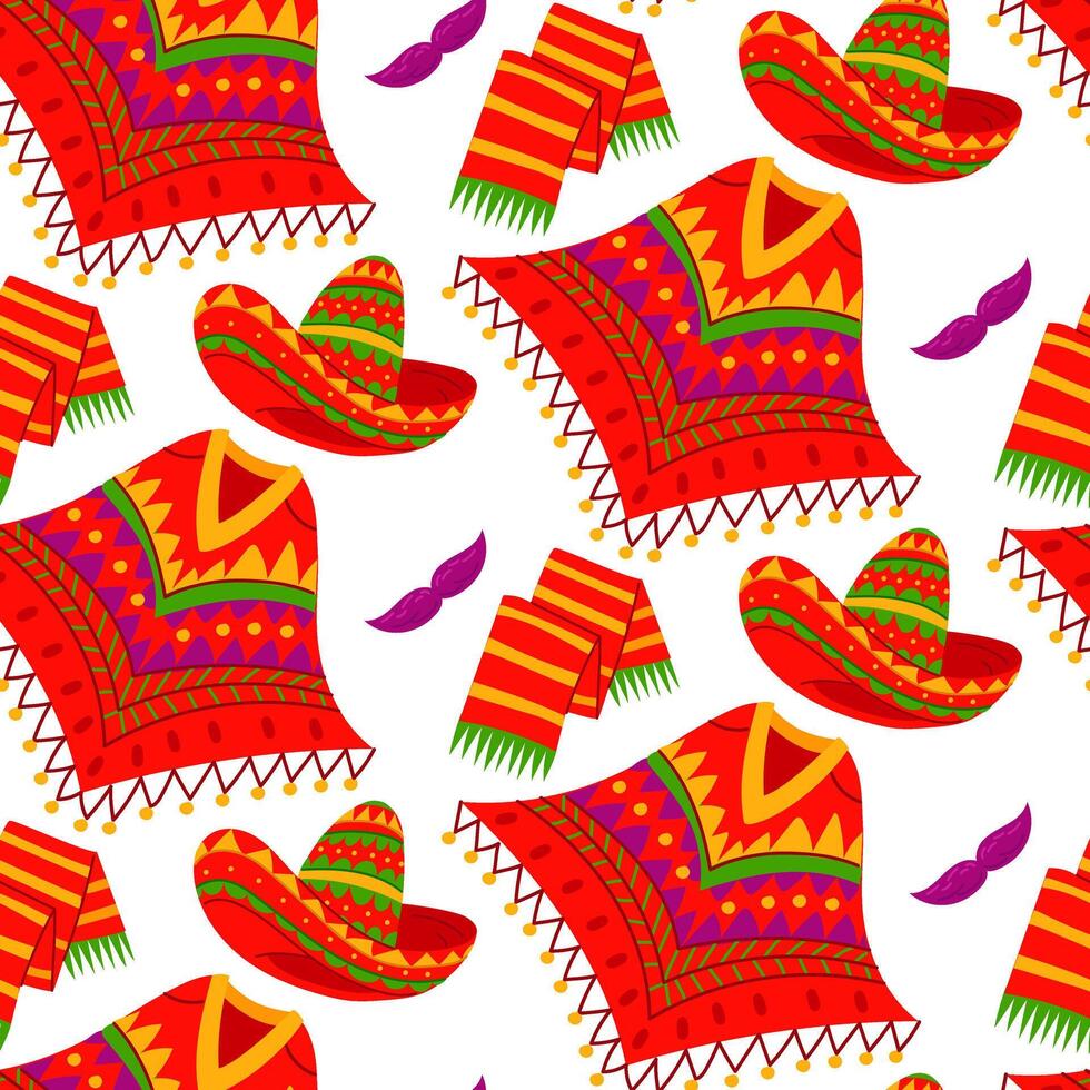 pattern is a Mexican sombrero hat, poncho, mustache, scarf on a white background. flat illustration of national Mexican clothing. The items of clothing are colored in . Drawn on the side vector