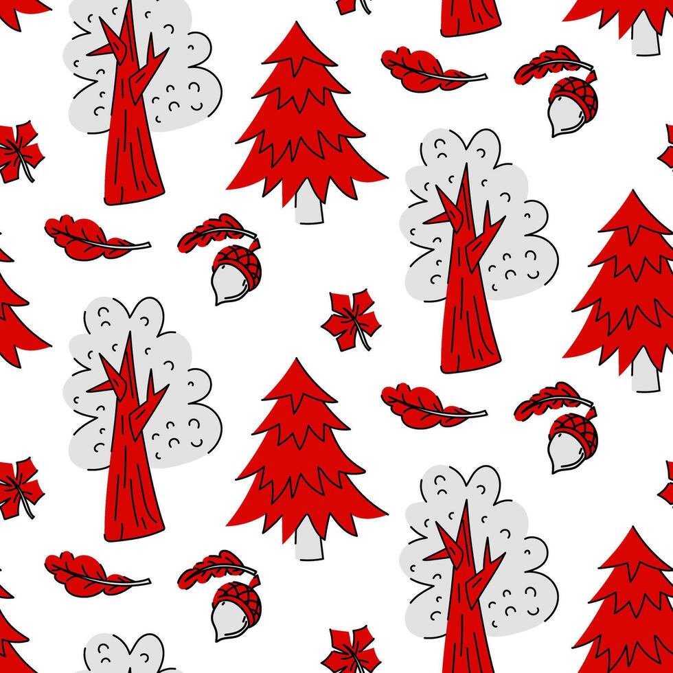 pattern with oaks and fir trees with acorn and maple leaf in red and white colors, stylized as doodle art. Trees are depicted in a flat style using contours, painted in red and white colors. Seamless vector
