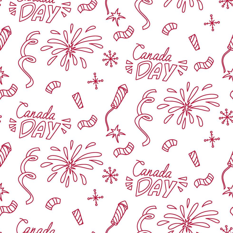 Seamless pattern with fireworks and confetti doodle on Canada Day. A contour illustration depicting festive objects in red tones, symbolizing the holiday dedicated to Canada Day, on white background. vector