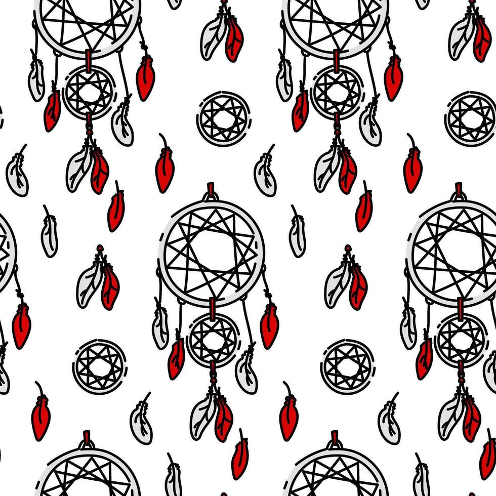 Hand-drawn seamless pattern in the form of a dreamcatcher, a feather. bohemian mascot, ethnic boho style, a symbol of a magical tribe. illustration-sketch for wallpaper, fabric, textiles. red vector