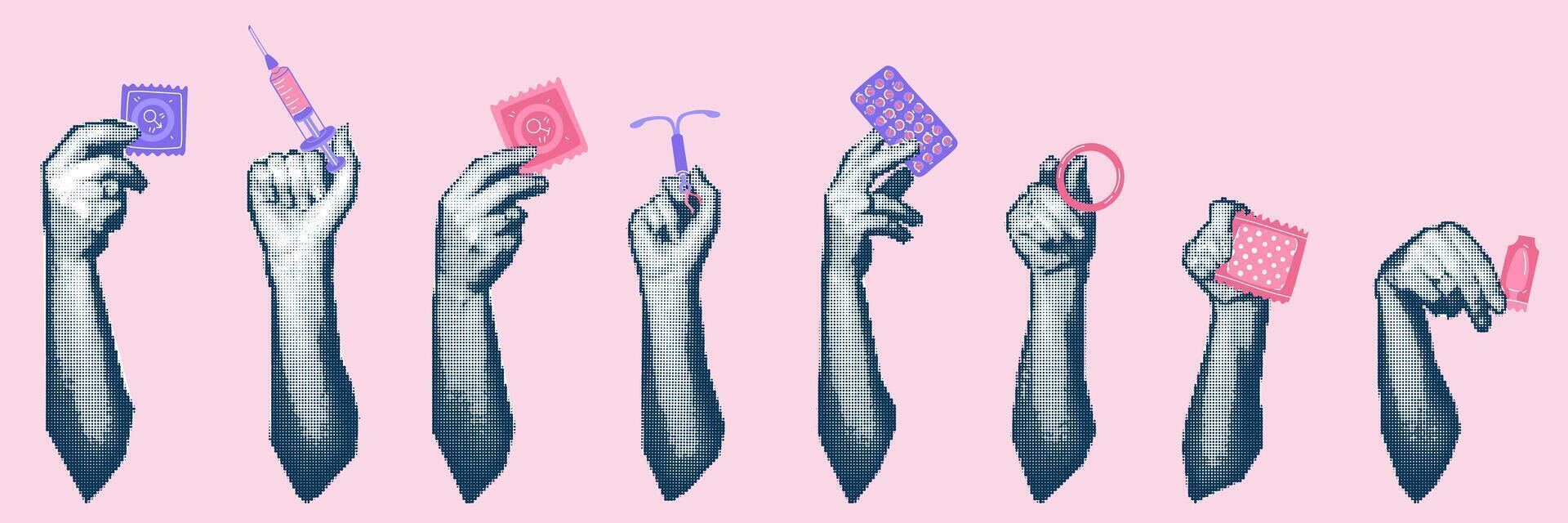 Hands holding contraceptives, collage in the style of pop art grunge on pink. Made in a halftone style using dots, cropped from the bottom. Set of hands and contraceptives in different poses vector
