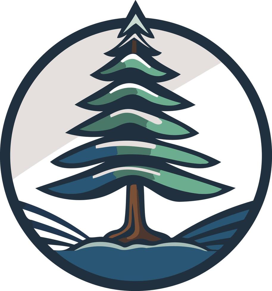 A simple, minimalist logo design featuring a stylized pine tree set against a background of hills and a snowy sky vector
