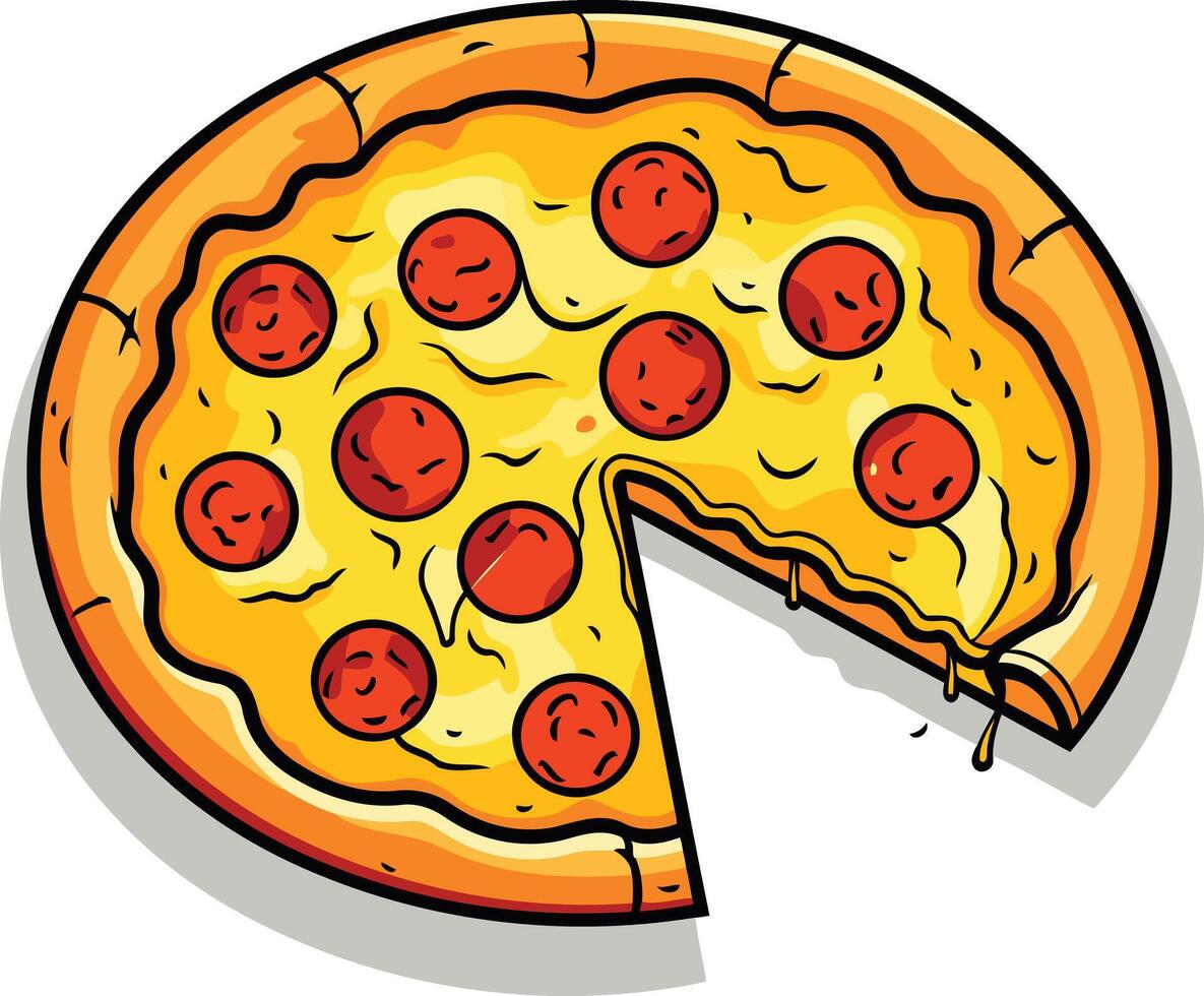 A cartoon illustration of a delicious pepperoni pizza with one slice missing, perfect for menus, food blogs, and social media posts vector