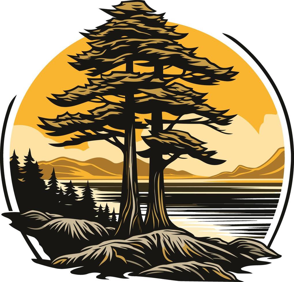 A majestic pine tree stands tall against a scenic sunset backdrop, with mountains and a tranquil lake in the distance vector