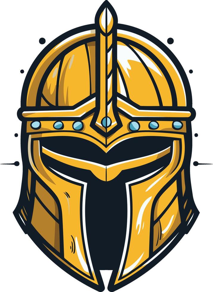 A bold, cartoon style illustration of a golden knight's helmet with a crown vector