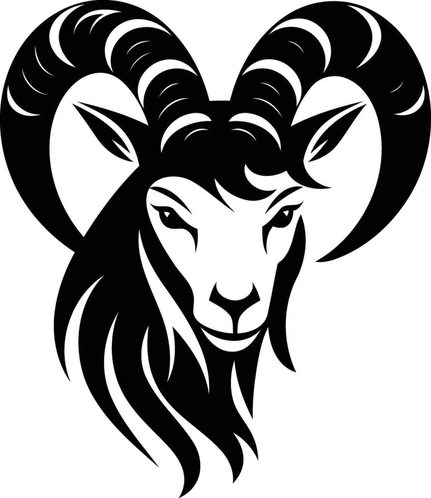 Black and white illustration of a ram's head with large horns, perfect for tattoos, logos, and designs vector
