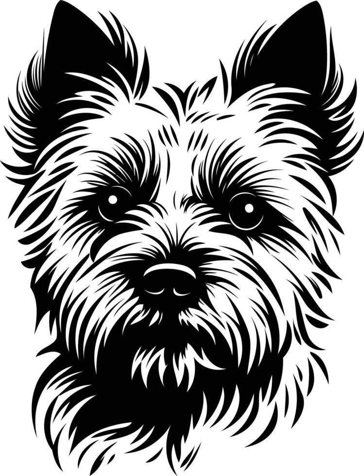 A bold and striking black and white illustration of a cairn terrier's head, perfect for dog lovers, pet owners, and designers looking for a strong visual vector