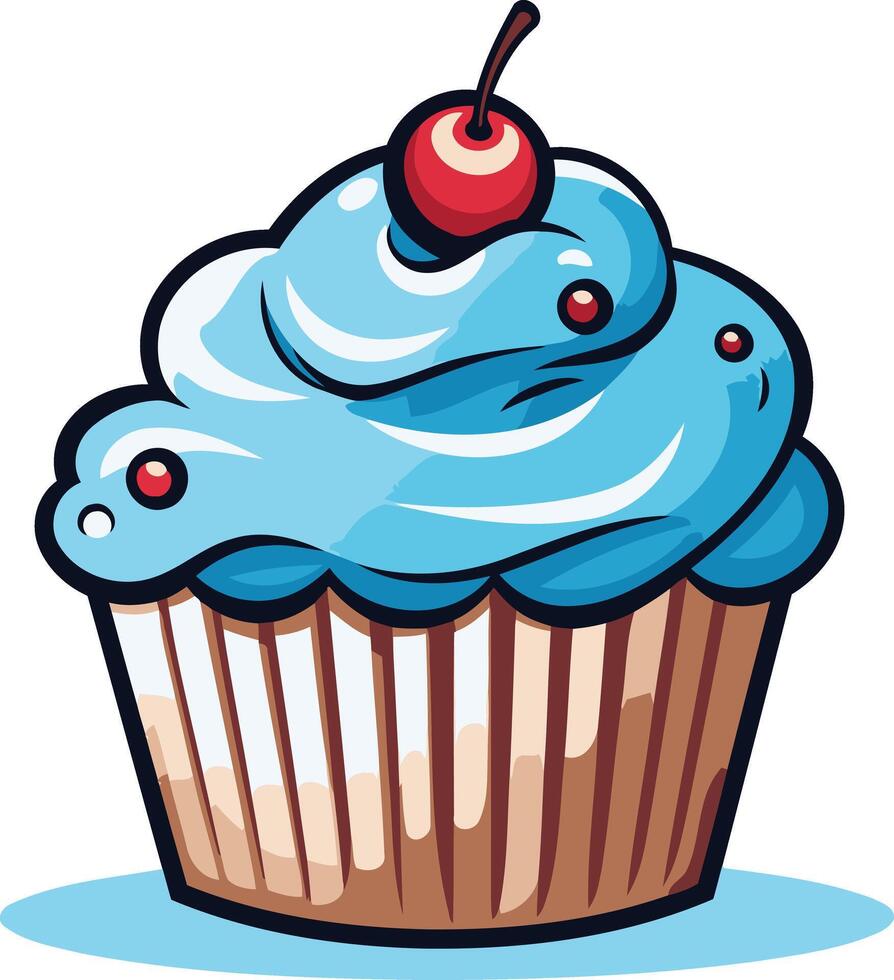 A cheerful, cartoon style cupcake with blue frosting and a red cherry on top vector