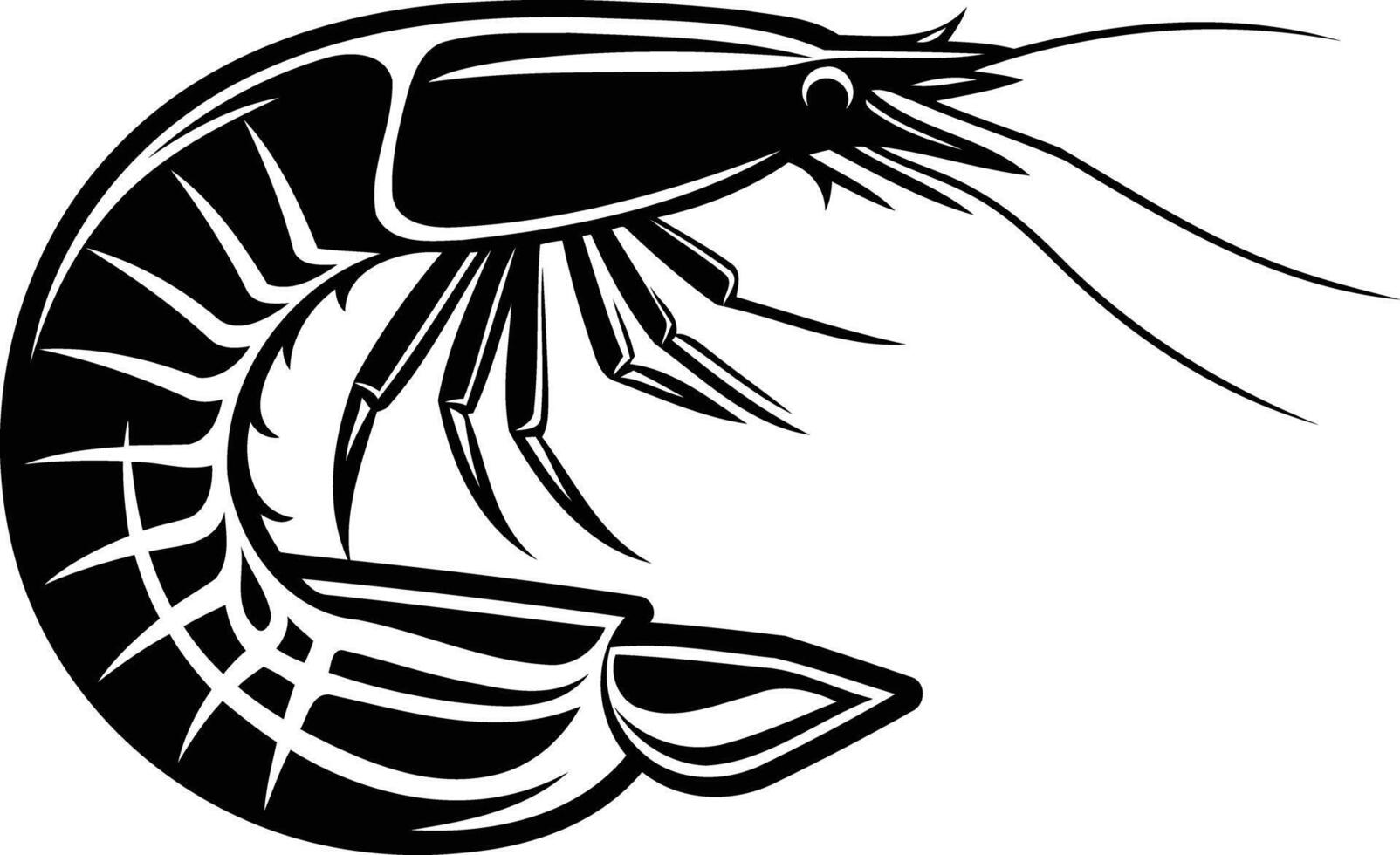 Bold black and white illustration of a shrimp, perfect for seafood logos, restaurant menus, or food packaging designs vector