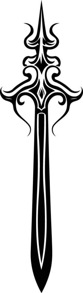 A striking black and white illustration of a sword with intricate, tribal-inspired design elements vector
