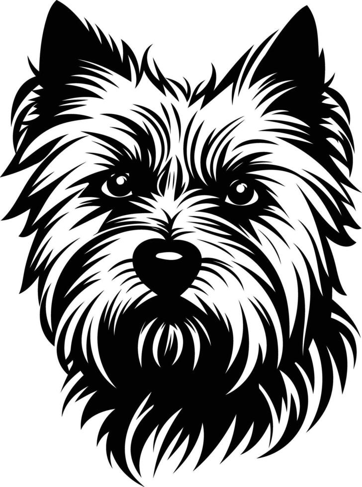 A striking black and white illustration of a yorkshire terrier's head, capturing its playful spirit and affectionate gaze vector