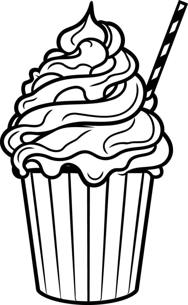 Black and white line art illustration of a cupcake with whipped cream and a straw, perfect for coloring pages, food packaging, and dessert-themed designs vector