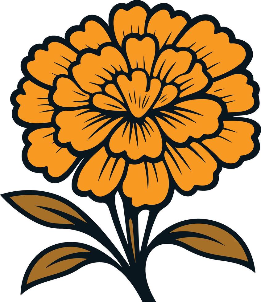Marigold Flower with Dark Green Stem and Leaves vector