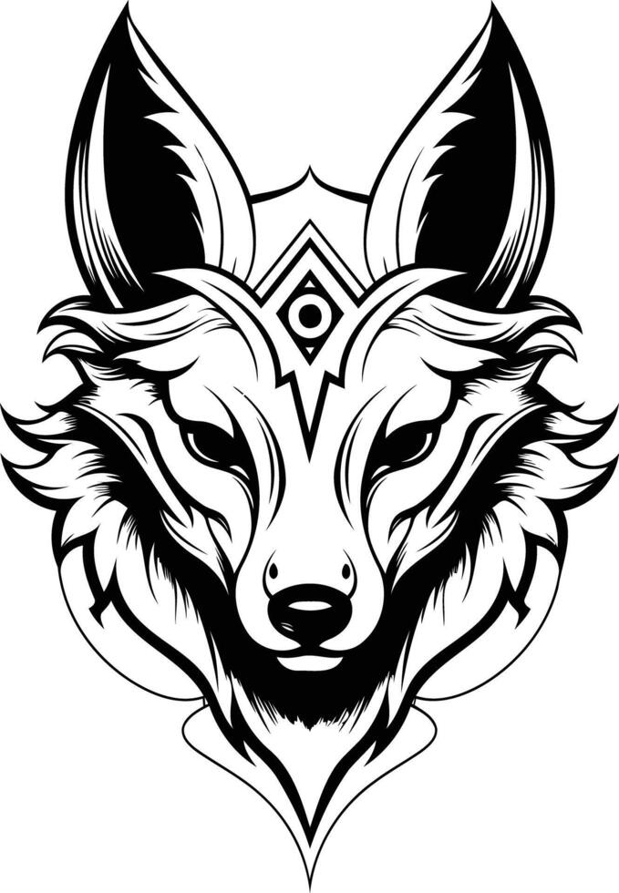 Bold and intricate black and white illustration of a fox's face with a geometric pattern on its forehead vector