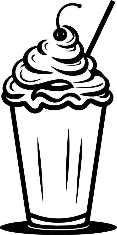A classic black and white illustration of a milkshake with whipped cream and a cherry on top vector