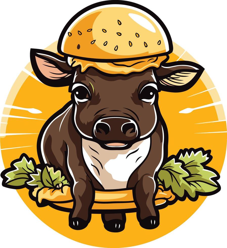 Cute cartoon cow wearing a burger bun as a hat vector