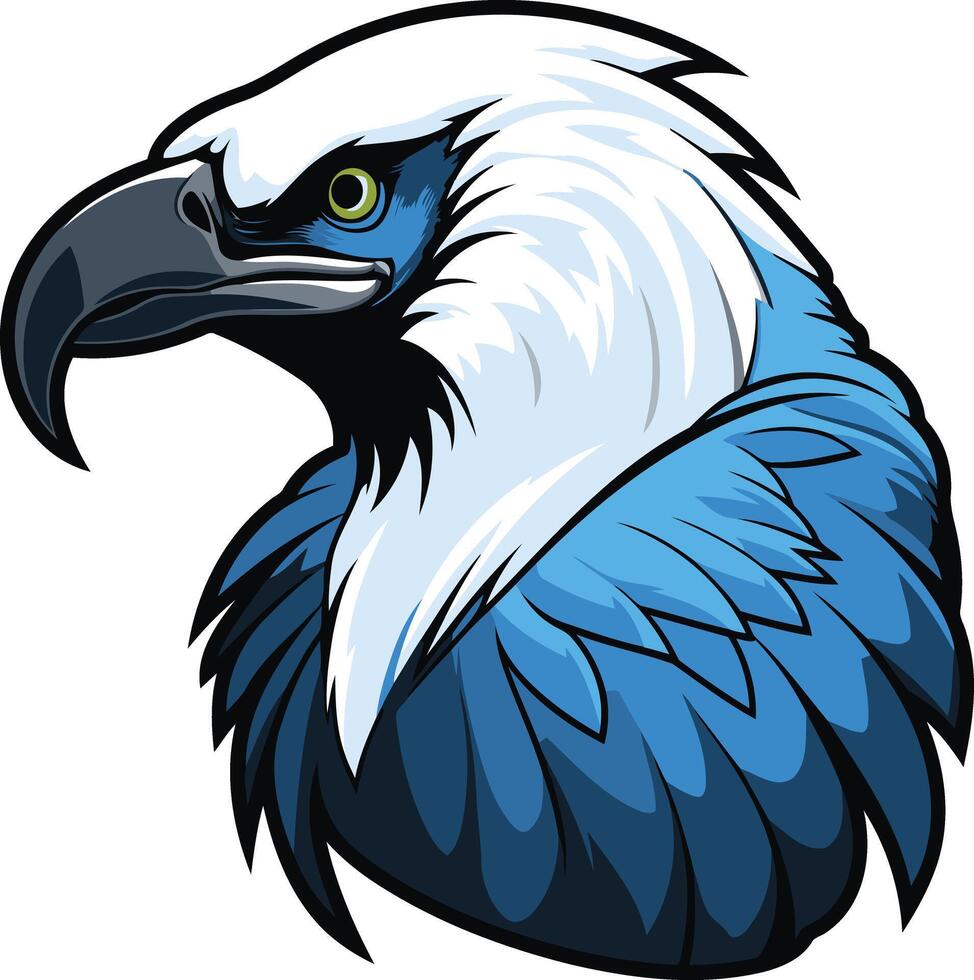 Powerful eagle head logo design, featuring a fierce expression and striking blue and white color scheme vector