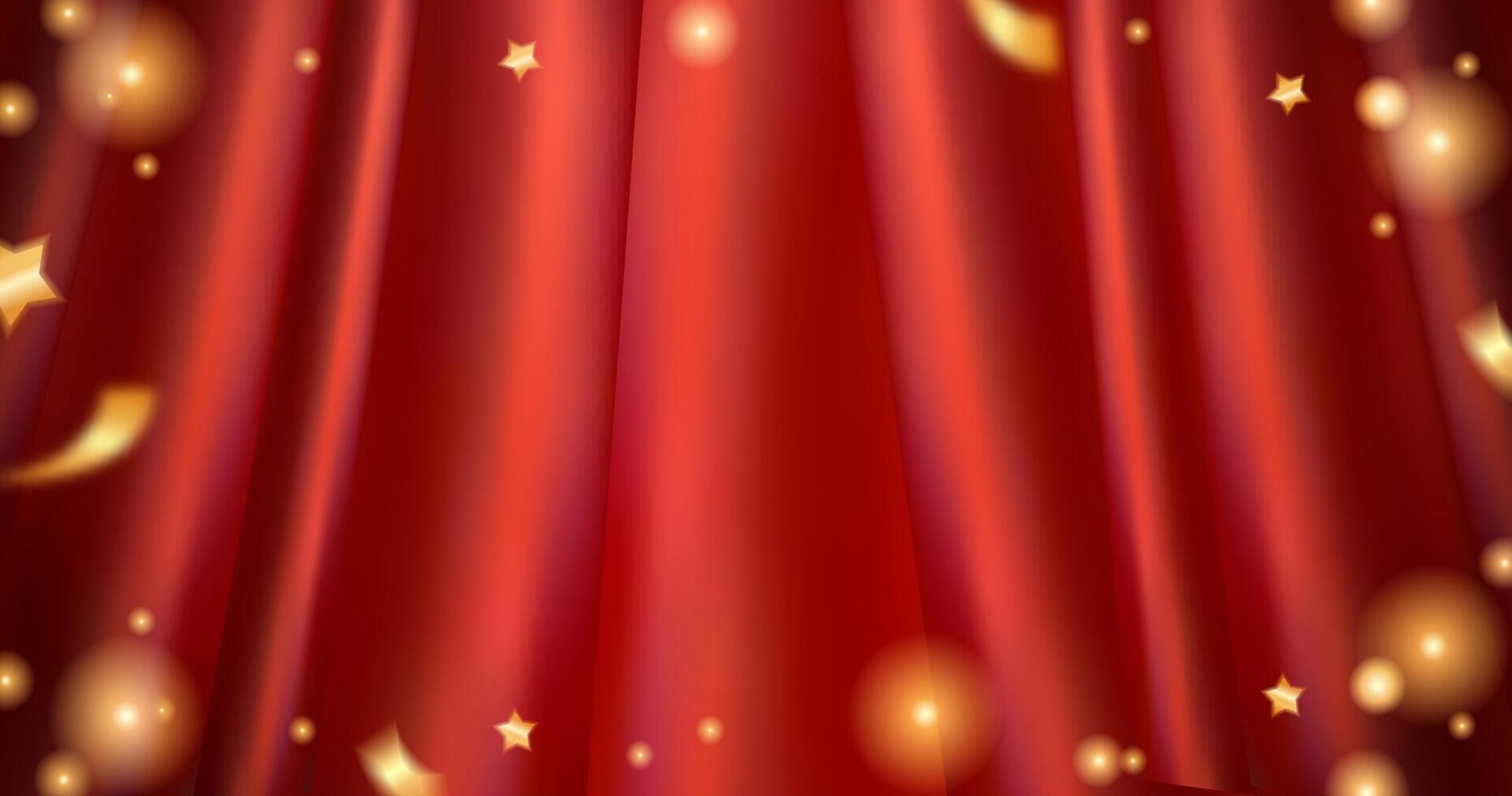 Realistic Red curtain drapery background horizontal banner with frame with lights, sparkles, glitter and stars of gold color, magic 3D Backdrop. illustration silk, satin, drapery fabric vector