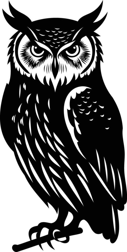 Black and white silhouette of an owl with sharp eyes, perfect for logos, tattoos, or any design project requiring a powerful symbol of wisdom vector