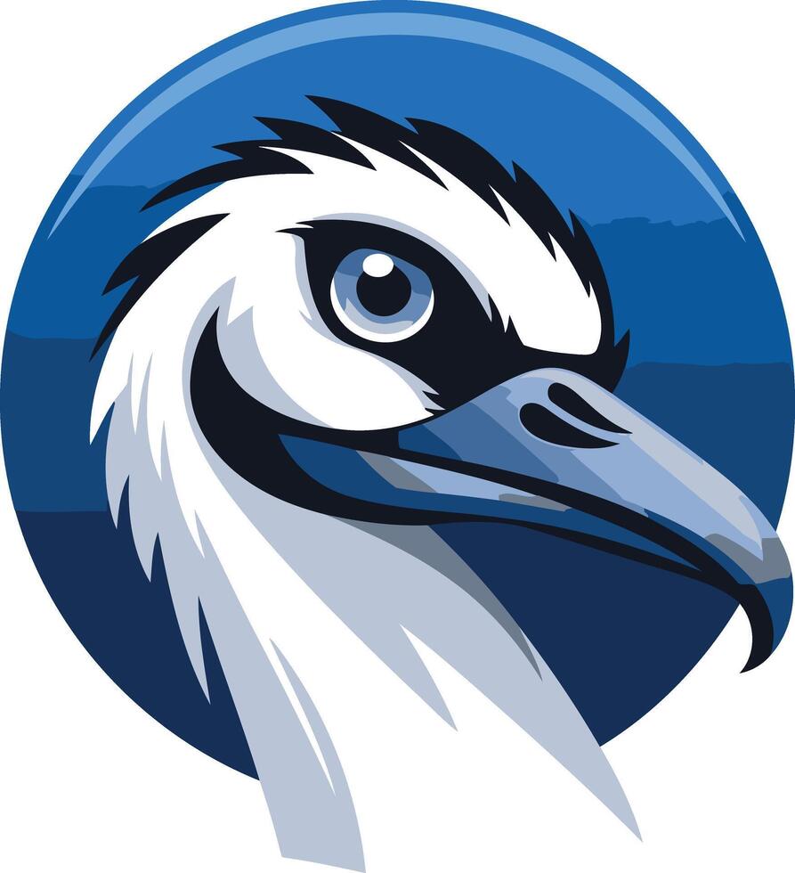 A bold and striking logo featuring a stylized crane's head in a blue circle vector