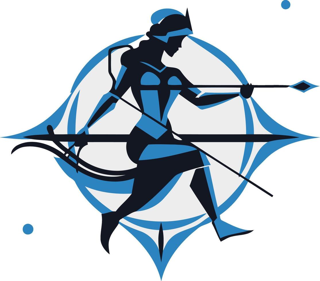 A striking, stylized logo of a female warrior in action, wielding a spear and bow vector
