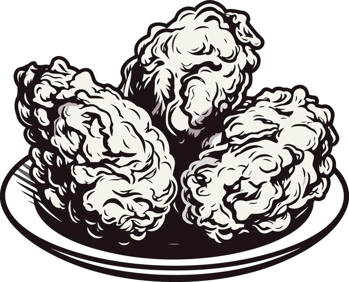 Black and white illustration of three crispy fried chicken wings on a plate vector