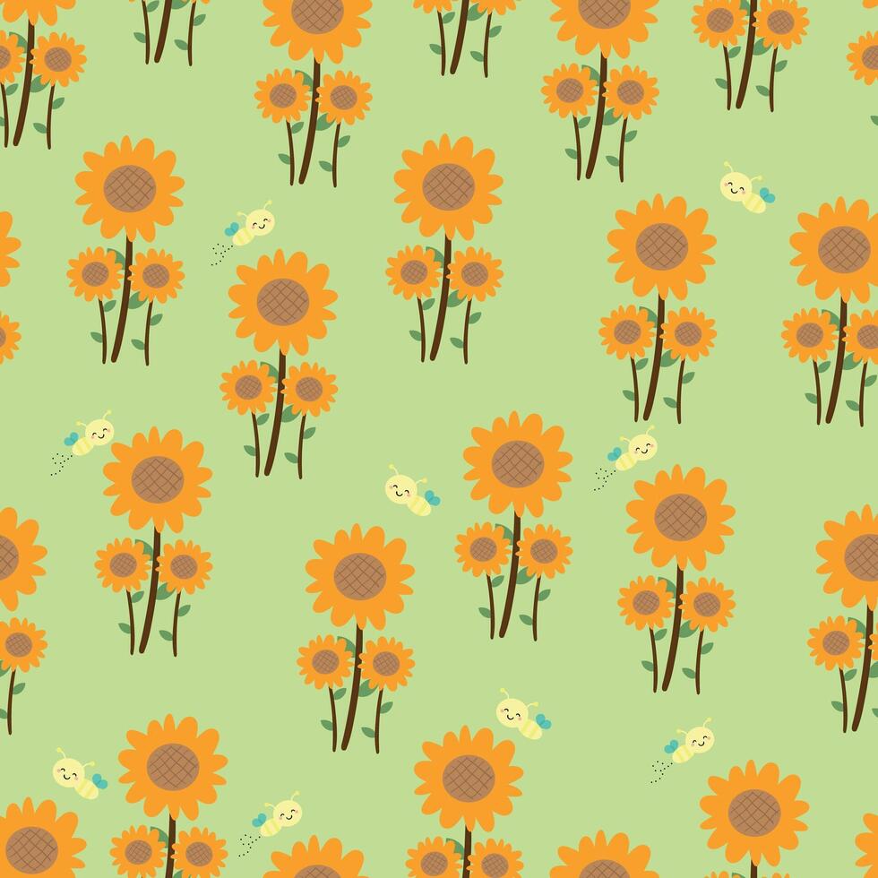 Seamless pattern with orange flowers and cute cartoon yellow bees, for fabric prints, textiles, gift wrapping paper vector