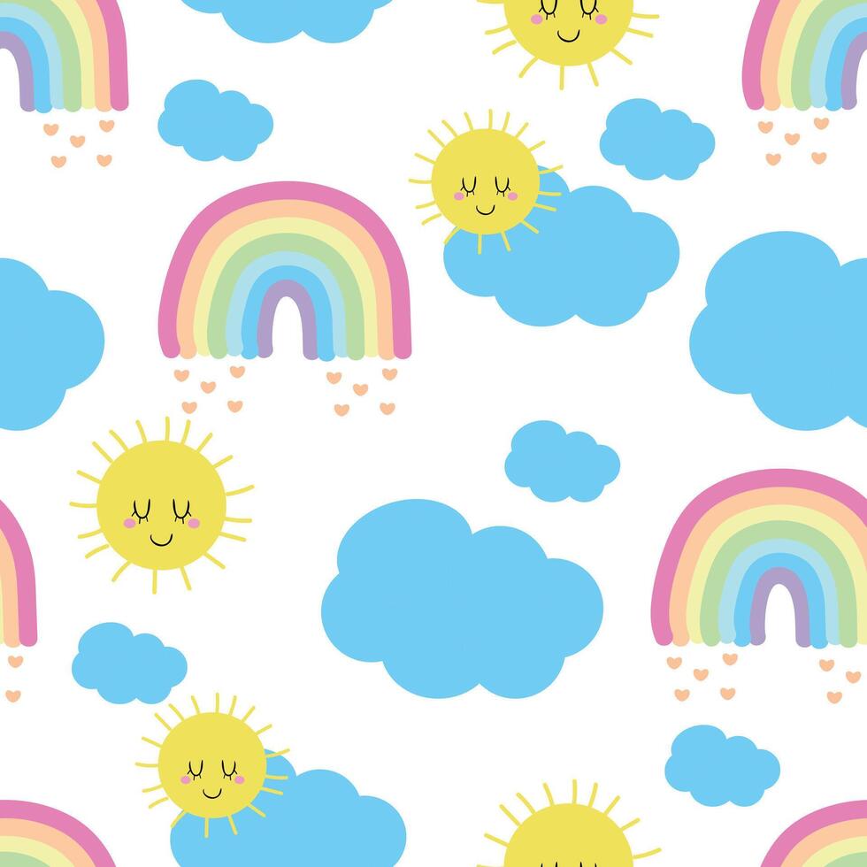 Seamless pattern with cute cartoon clouds and rainbows, for fabric prints, textiles, gift wrapping paper. children's colorful, flat style vector