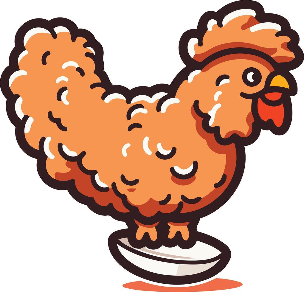 A playful cartoon chicken, with a fluffy orange coat, balances on a single egg vector