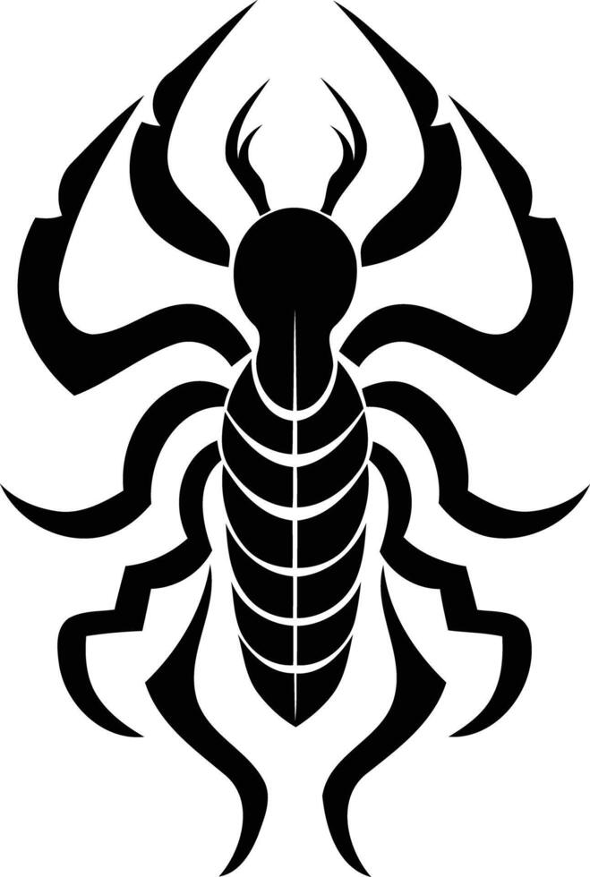 A bold, black tribal tattoo design depicting a stylized scorpion vector