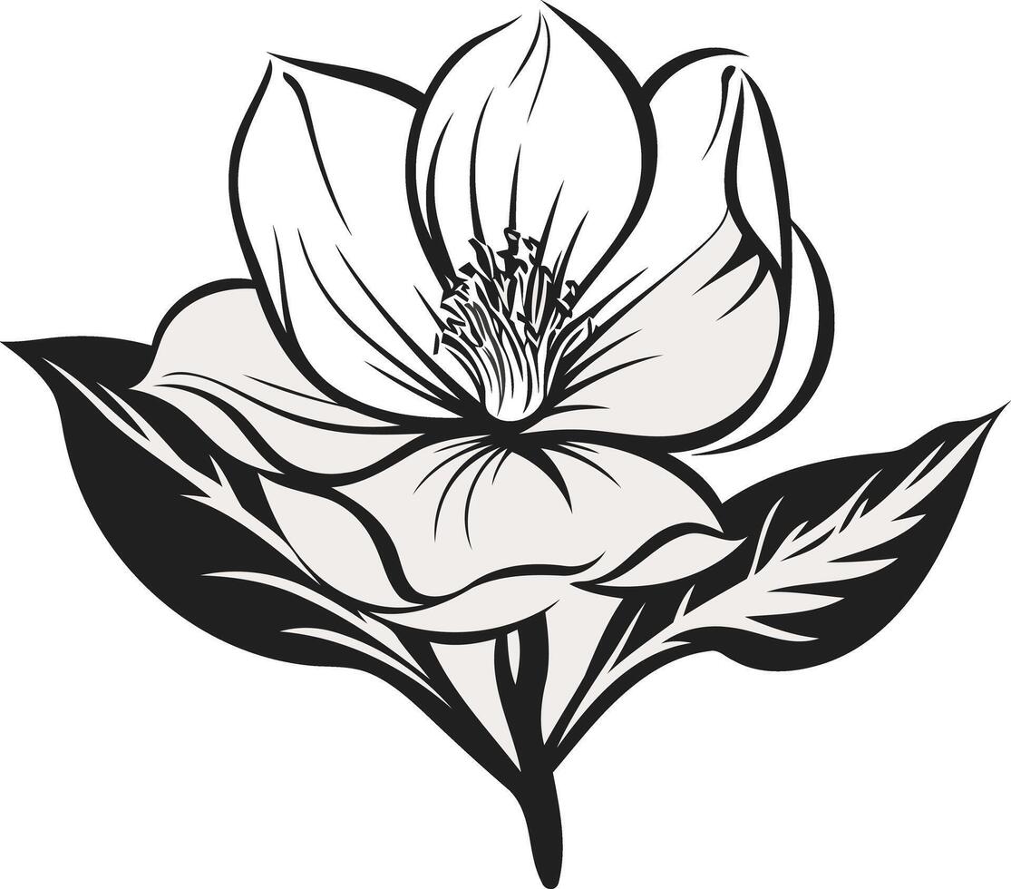 Elegant black and white illustration of a single magnolia flower with leaves, perfect for feminine branding or design projects vector