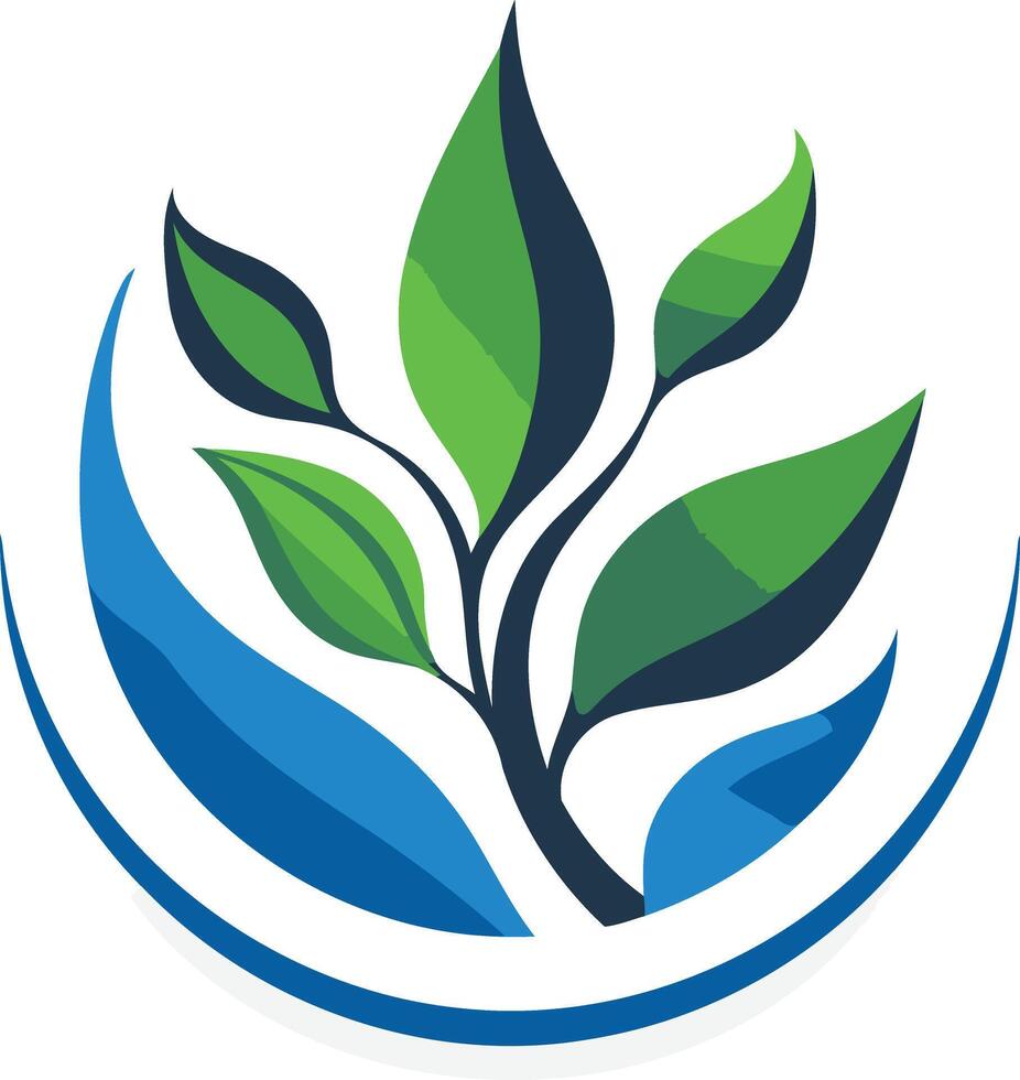 Abstract logo design with green leaves and a blue wave, symbolizing growth, sustainability, and nature vector