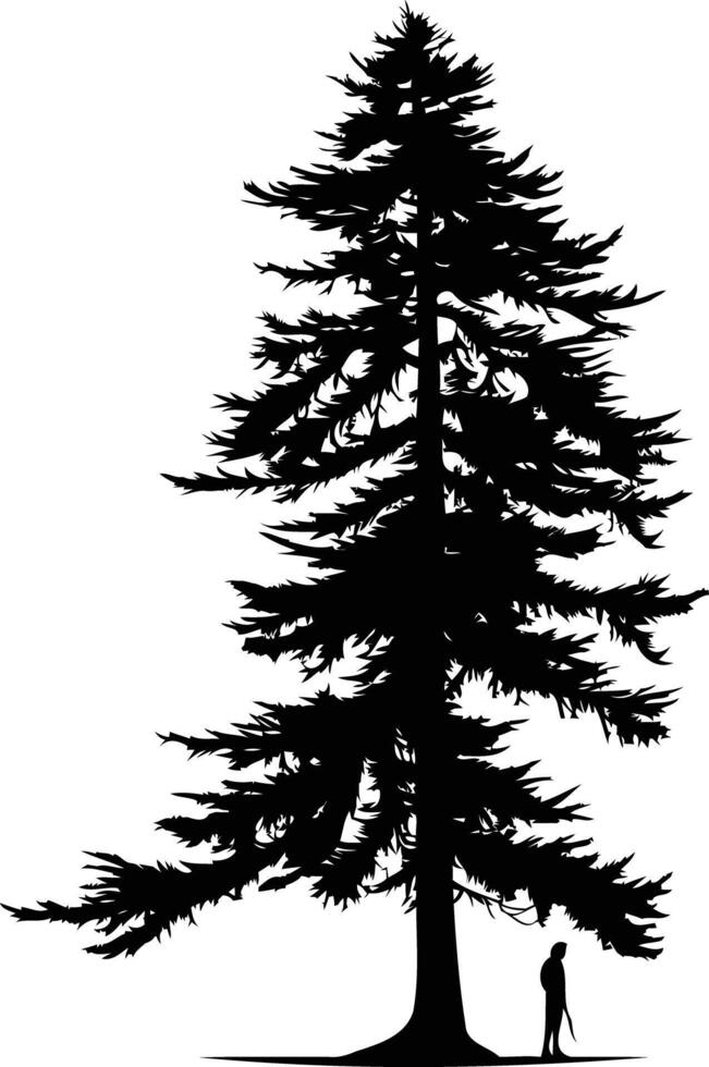 Silhouette of a majestic pine tree with a small figure standing beneath it vector