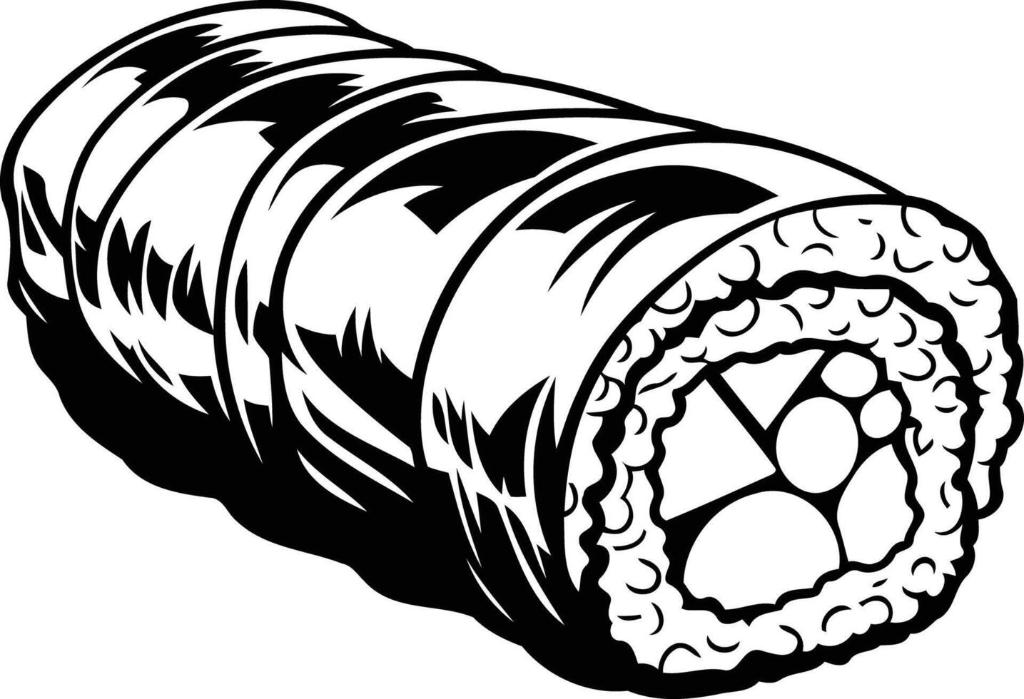 A detailed black and white illustration of a sushi roll, perfect for menus, branding, and social media content vector