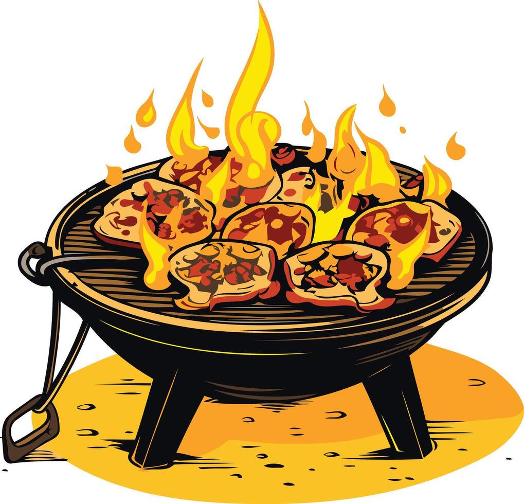 A vibrant illustration of a sizzling campfire with flames licking at the burning logs, perfect for representing warmth, adventure, and outdoor fun vector