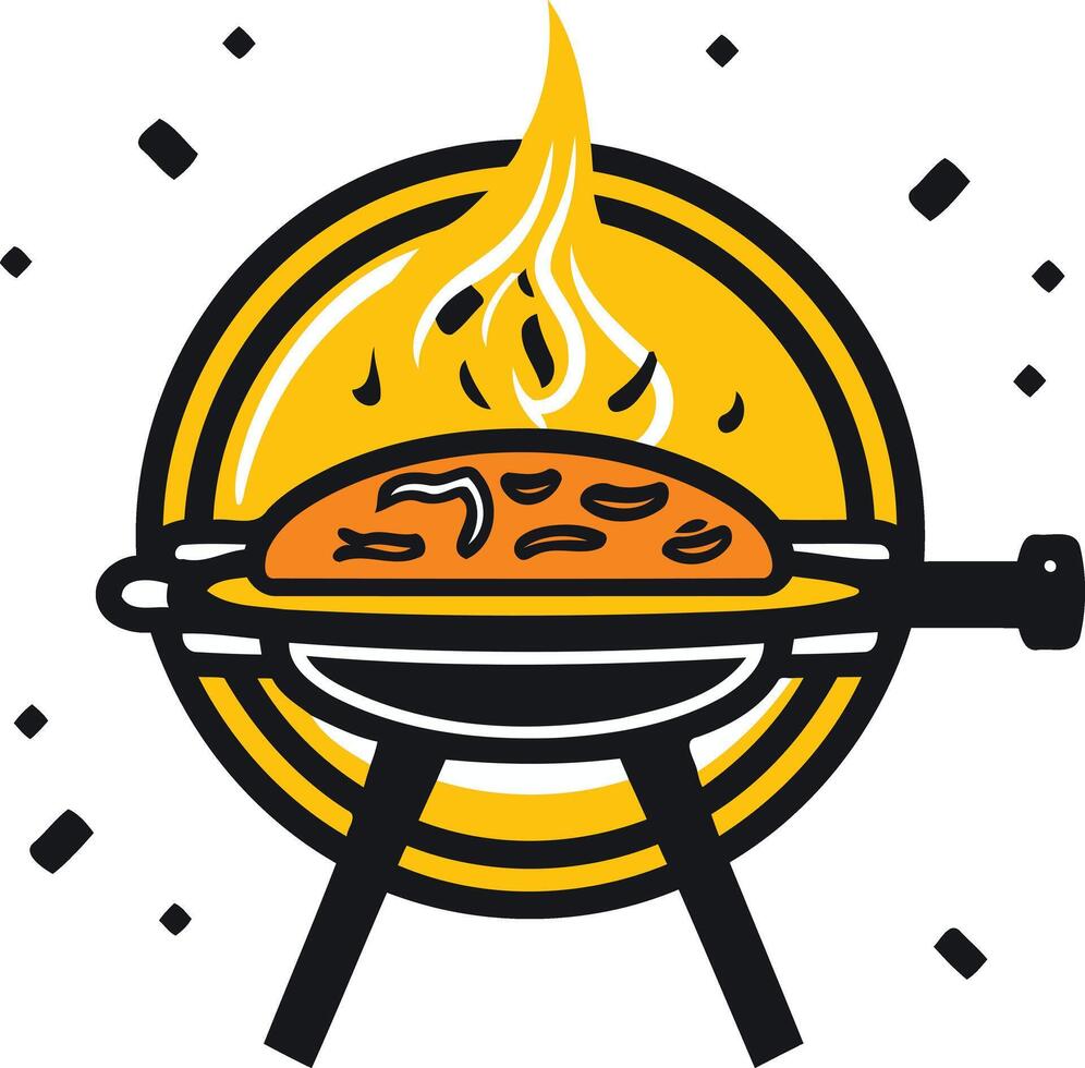 A retro-style illustration of a barbecue grill with flames, perfect for branding, websites, or social media vector