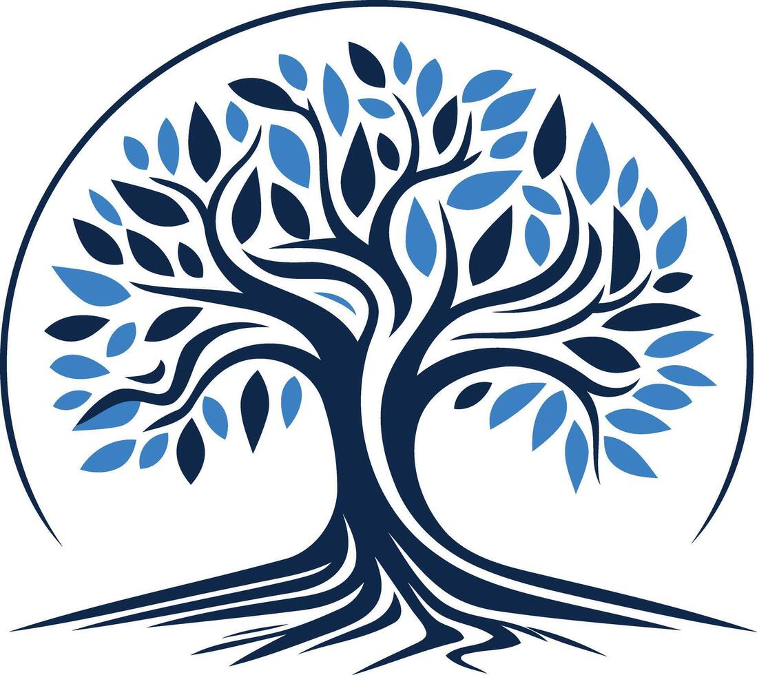 A stylized tree with deep roots and a circular canopy, representing growth, stability, and connection vector