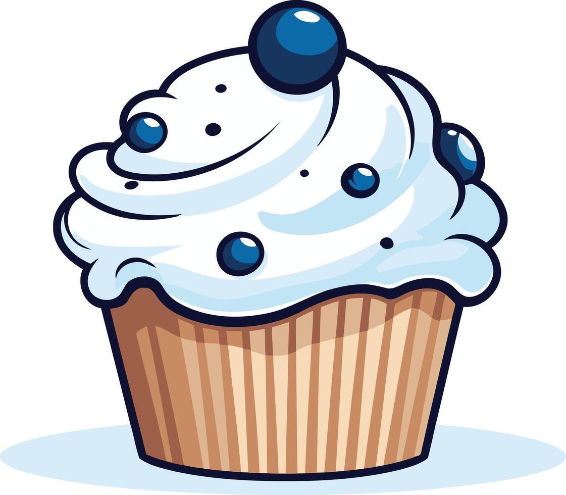 A cartoon illustration of a delicious blueberry cupcake with white frosting, perfect for adding a sweet touch to your designs vector