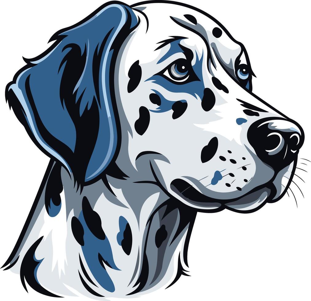 A striking portrait of a dalmatian dog, rendered in a bold, graphic style vector