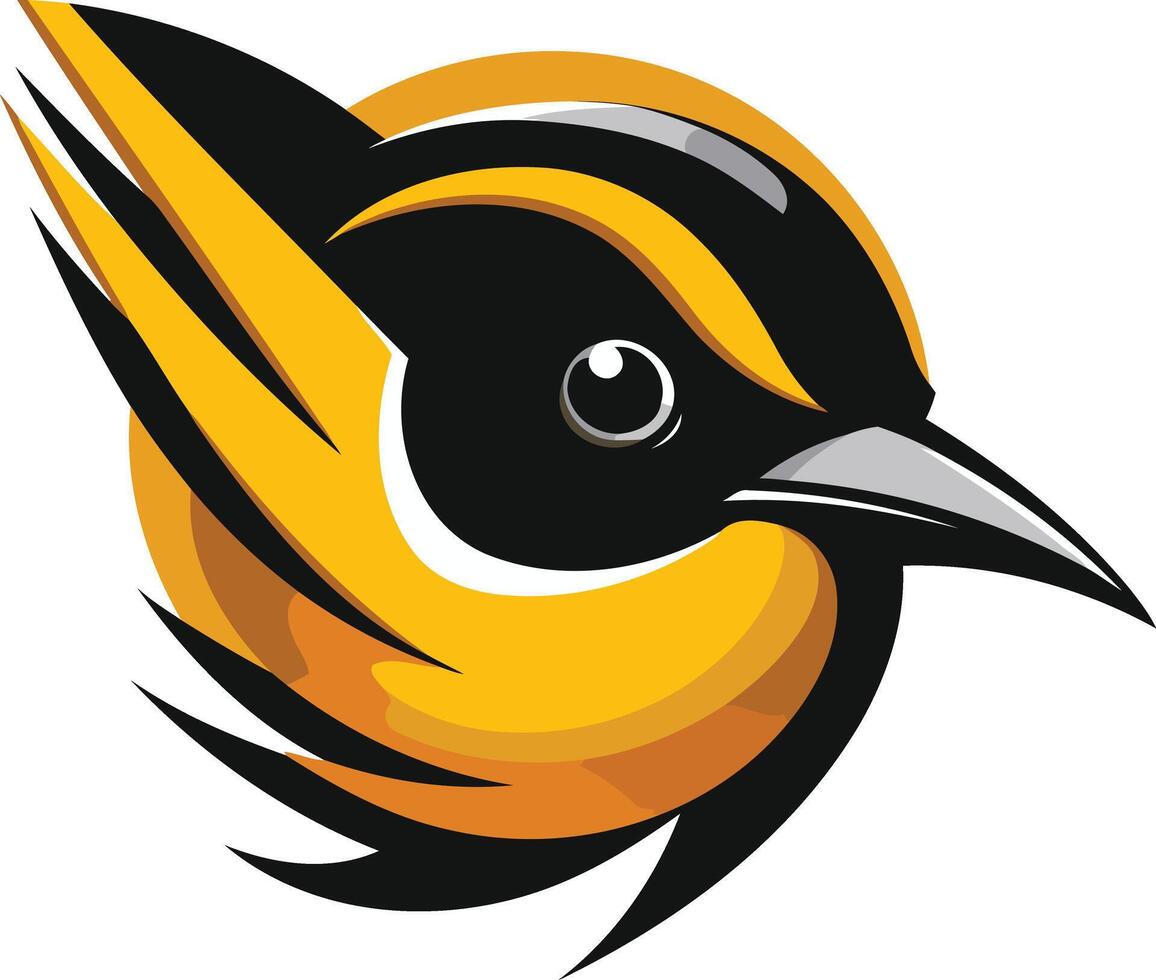 A bold and stylized bird logo with black, yellow and orange hues vector