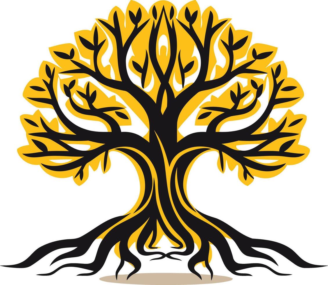 A stylized black and yellow tree with a strong, intricate root system, symbolizing growth, stability, and resilience vector