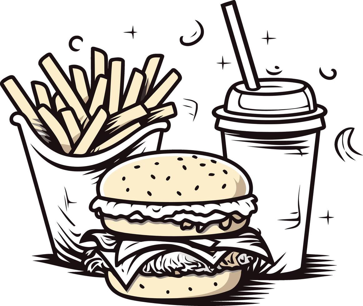 A classic combo meal of a juicy burger, crispy fries, and a refreshing drink, perfect for a delicious and satisfying lunch or dinner vector