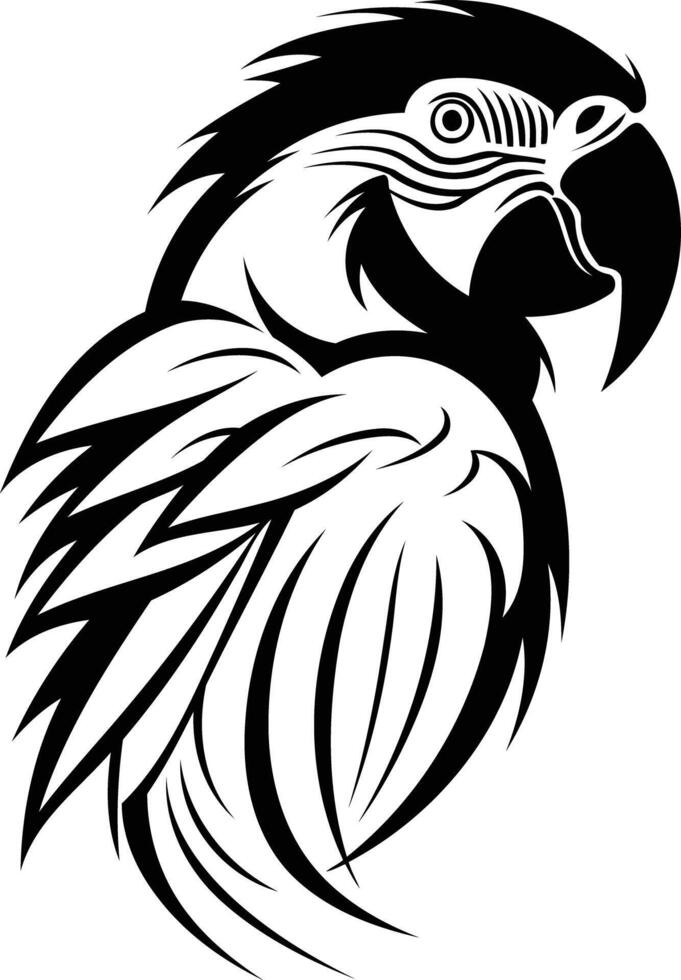 Stylized black and white illustration of a parrot's head in profile, perfect for logo design, branding, or tattoo inspiration vector
