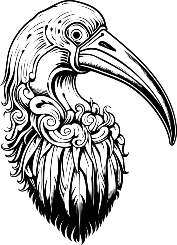 Intricate black and white illustration of a bird's head, perfect for tattoo design or animal-themed projects vector