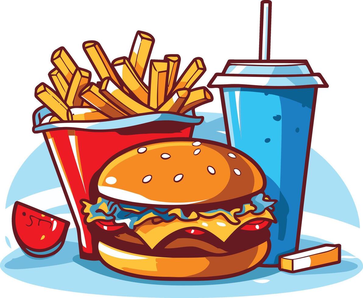 A cheerful cartoon illustration of a classic fast food combo a juicy burger, crispy fries, and a refreshing soda vector
